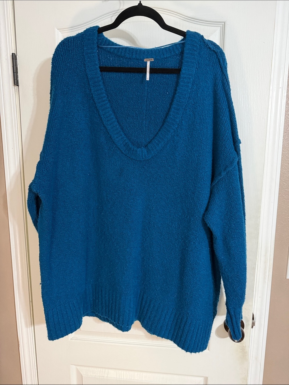 Free People Teal Deep V-Neck Oversized Knit Sweater